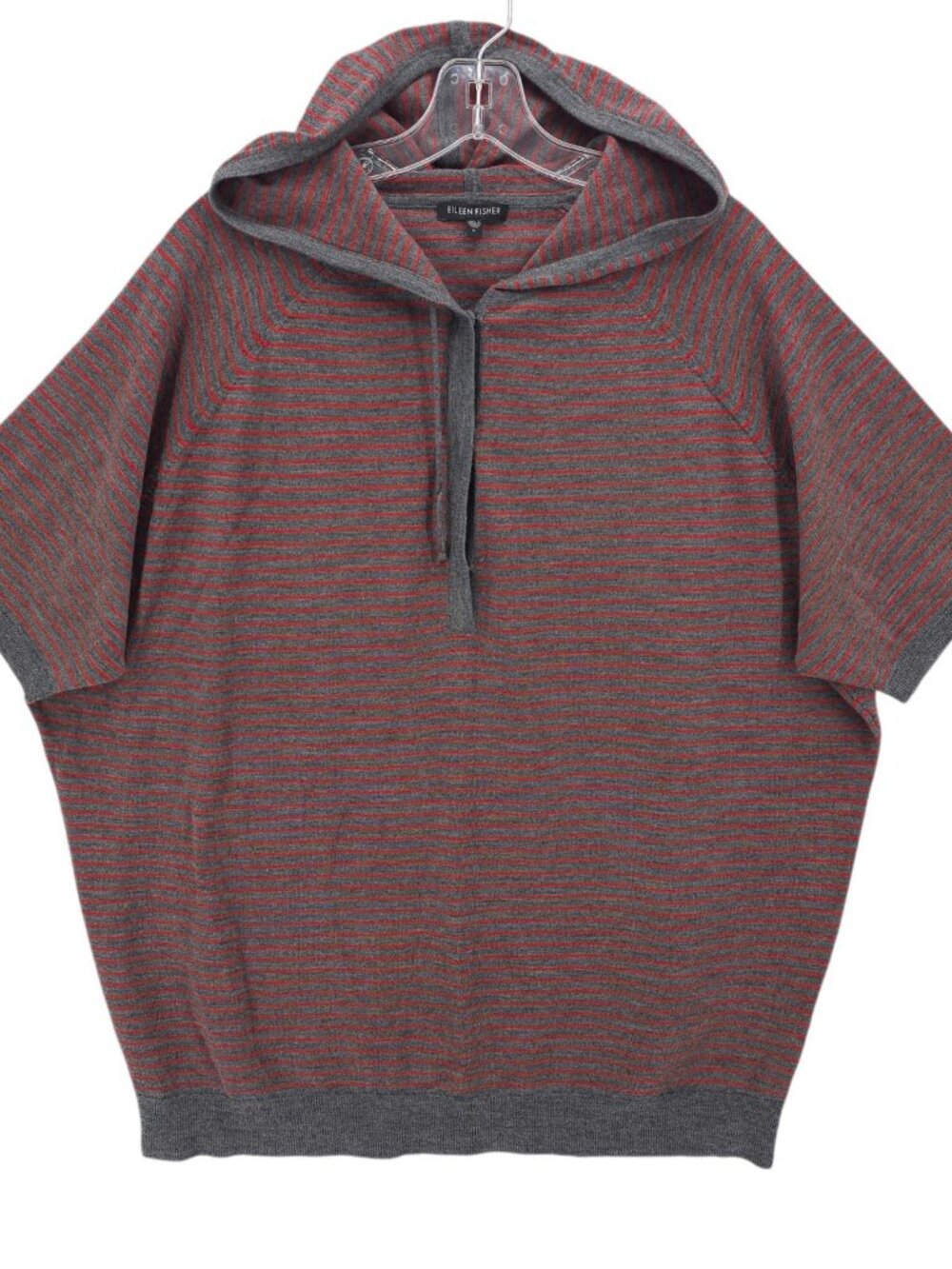 EILEEN FISHER 100% Merino Wool Hooded Knit Top Pullover Gray Red Stripe LARGE